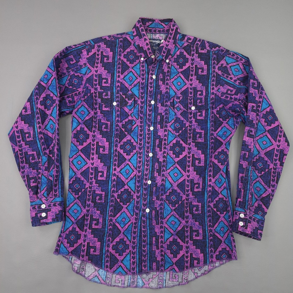 Vintage Wrangler Shirt Mens Medium Purple Aztec Southwest Western Long Sleeve